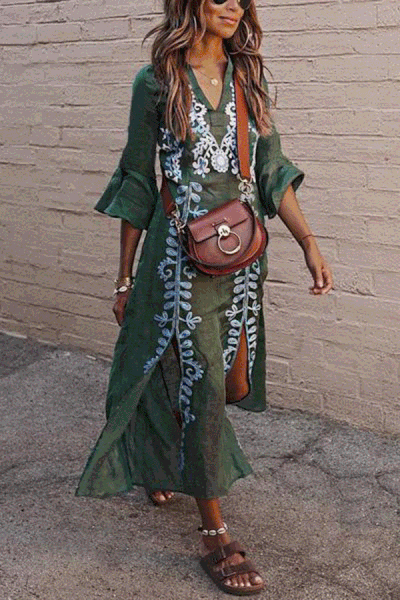 Women's Colorful Maxi Dress with Sleeves Sexy V Collar Floral Printed Slit STYLISHPOP Maxi Dress #vacationoutfits