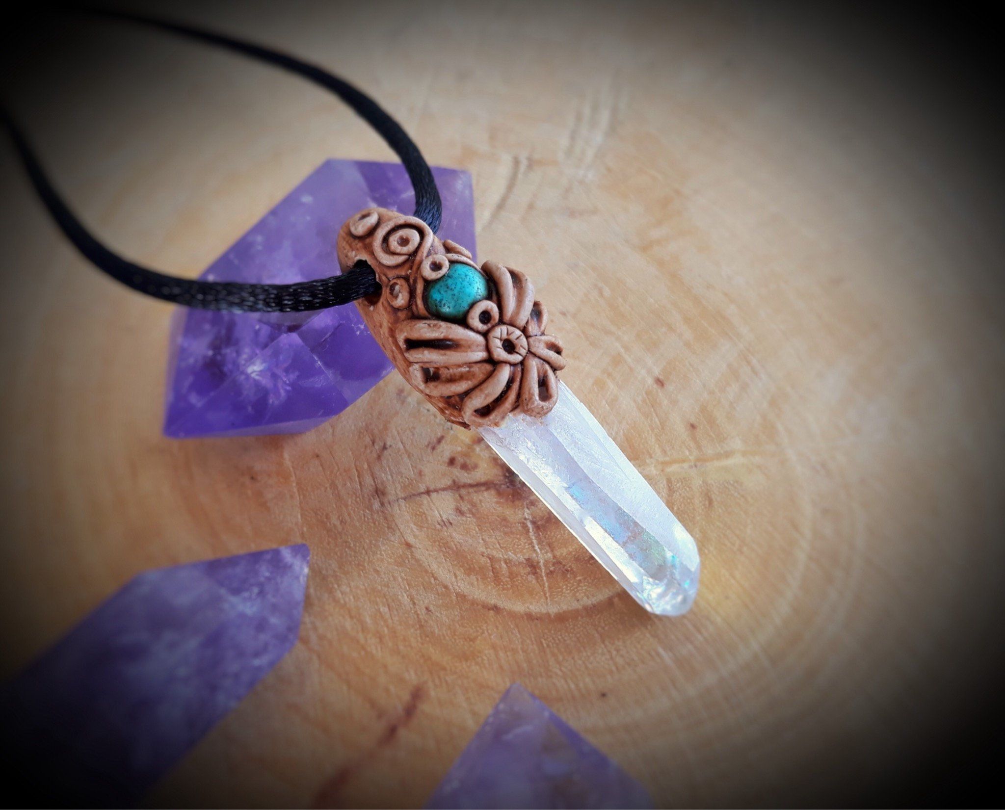 Quartz Crystal Chrysocolla Polymer Clay Pendant