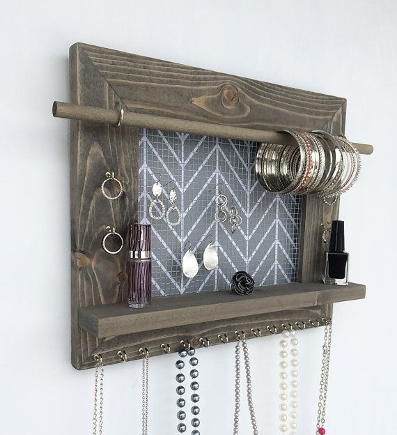 Jewelry Holder Barnwood Wall Hanging Display Organizer With Shelf Storage For Earrings Bracelets Necklaces And Rings In 2019 My Wishlist Aufbewa