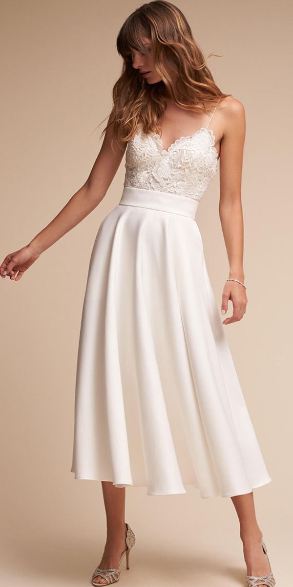 Graceful Lace & Acetate Satin Spaghetti Straps Neckline A-line Tea-length Wedding Dress #summerdinneroutfits