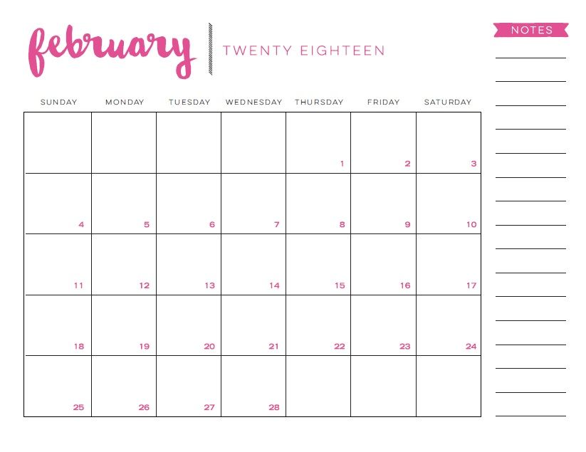 february 2018 weekly calendar