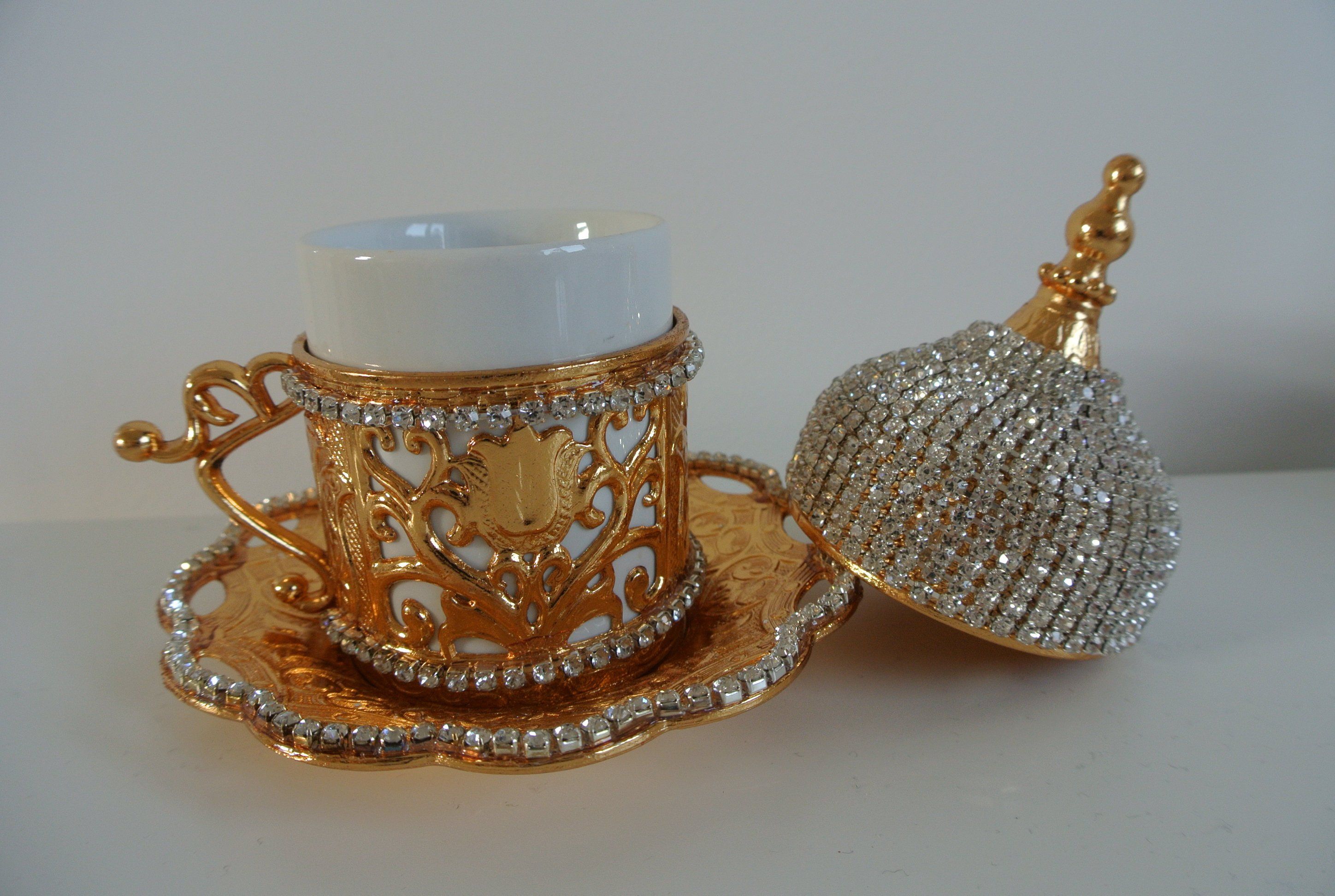 Turkish Coffee Cup & Saucer Shiny Crystal Stones Coated Turkish Coffee Cup & Saucer Shiny Crystal Stones Coated