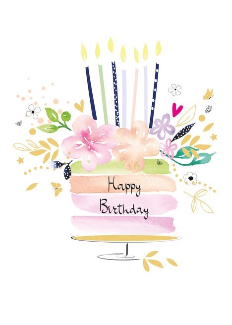 Birthday Party Cake with Pastel Watercolour Flowers and Candles card #Ad , #Ad, #Cake, #Pastel, #Birthday