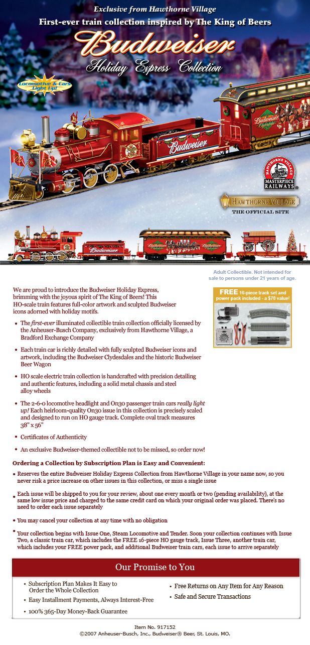 Exclusive Budweiser Illuminated Holiday Express Train Set by Hawthorne Village