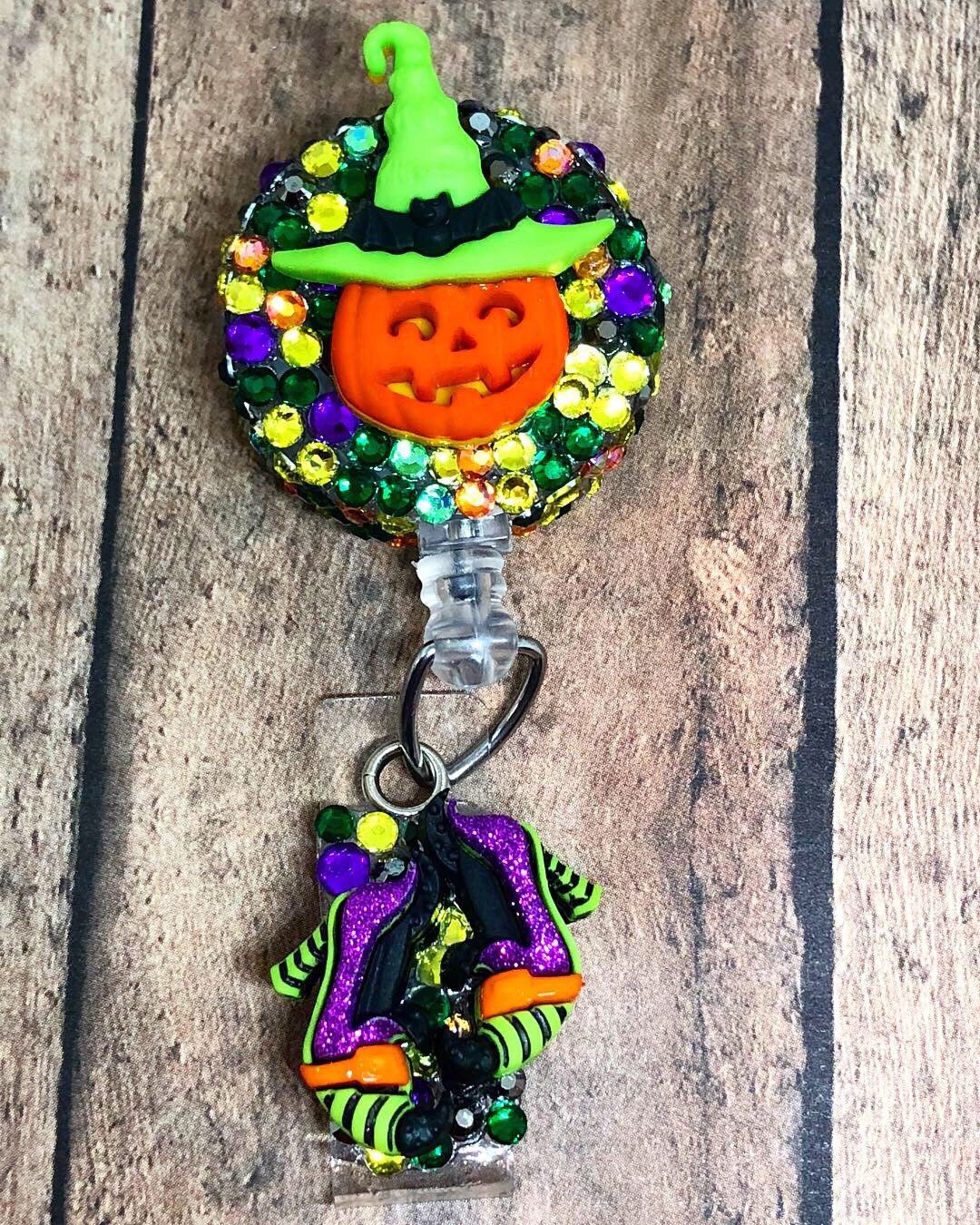 Halloween Rhinestones Skull Retractable ID Name Badge Holder