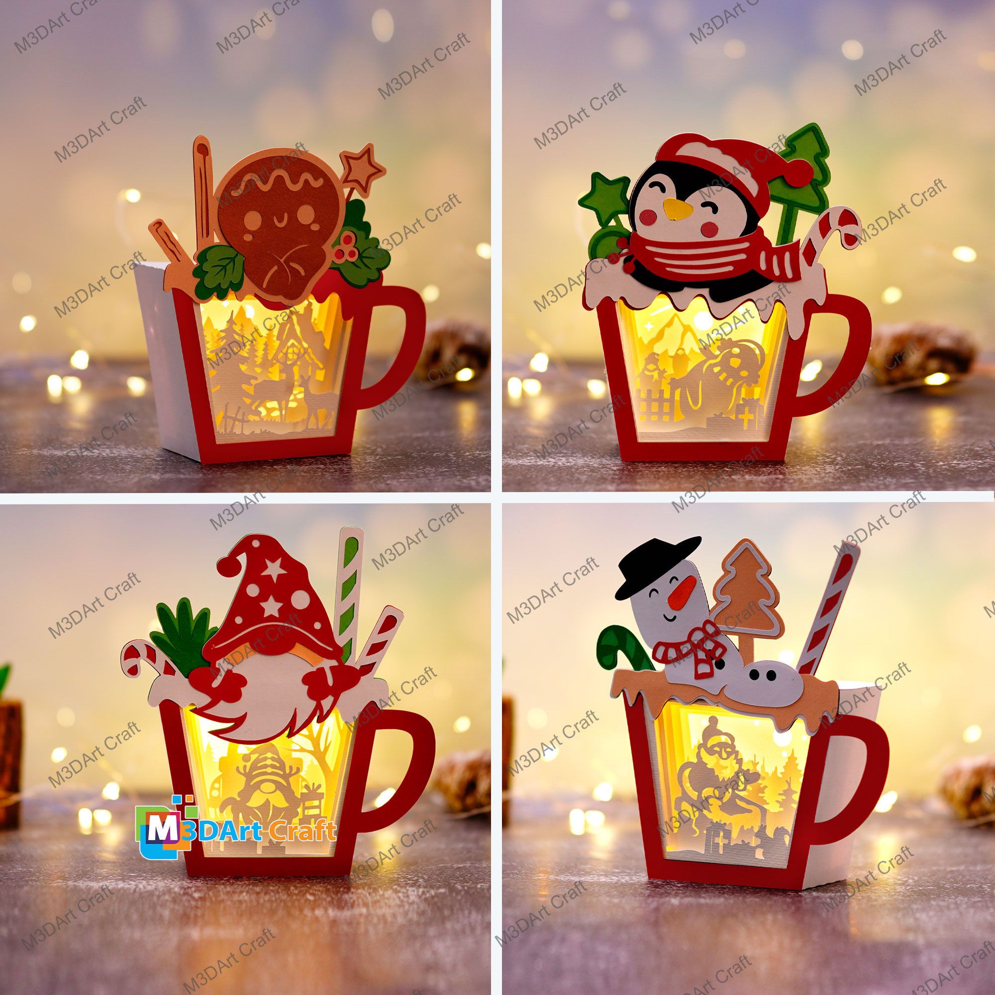 Pack 4 Hot Cocoa Lantern Shadow Box SVG PDF Silhouette Template DIY Pack 4 Hot Cocoa Lantern Shadow Box SVG PDF Silhouette Template DIY