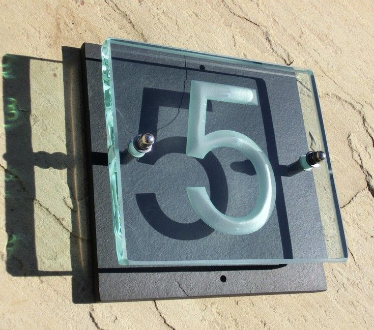 Small 400 X 400mm House Number Plaque Made Of Glass And Slate The Small 400 X 400mm House Number Plaque Made Of Glass And Slate The No5 Is Arial Font Deep Sandblasted Into Back