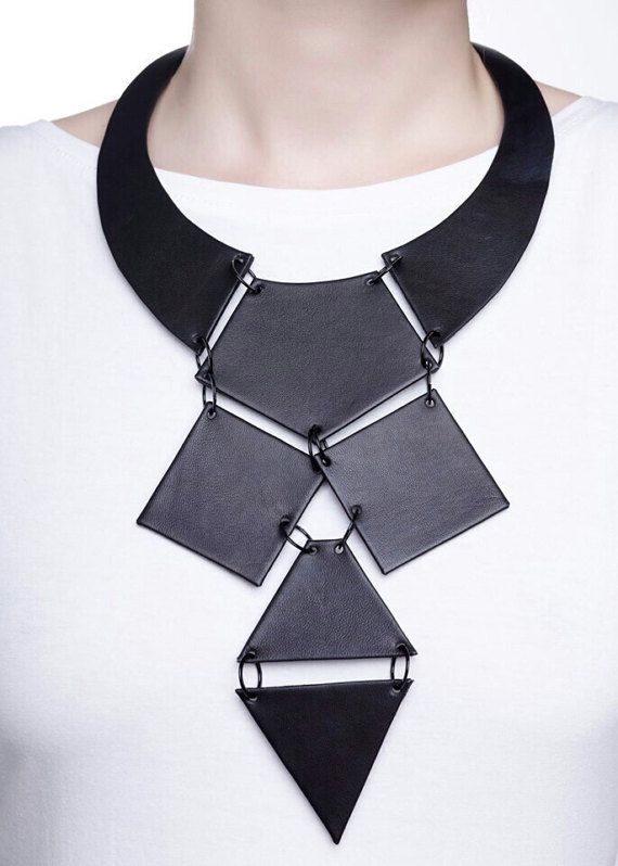Black Necklace, Bib Necklace, Gothic Necklace, Geometric Necklace, Women Leather Necklace, Handmade modern Necklace, Gift For Her, BDSM
