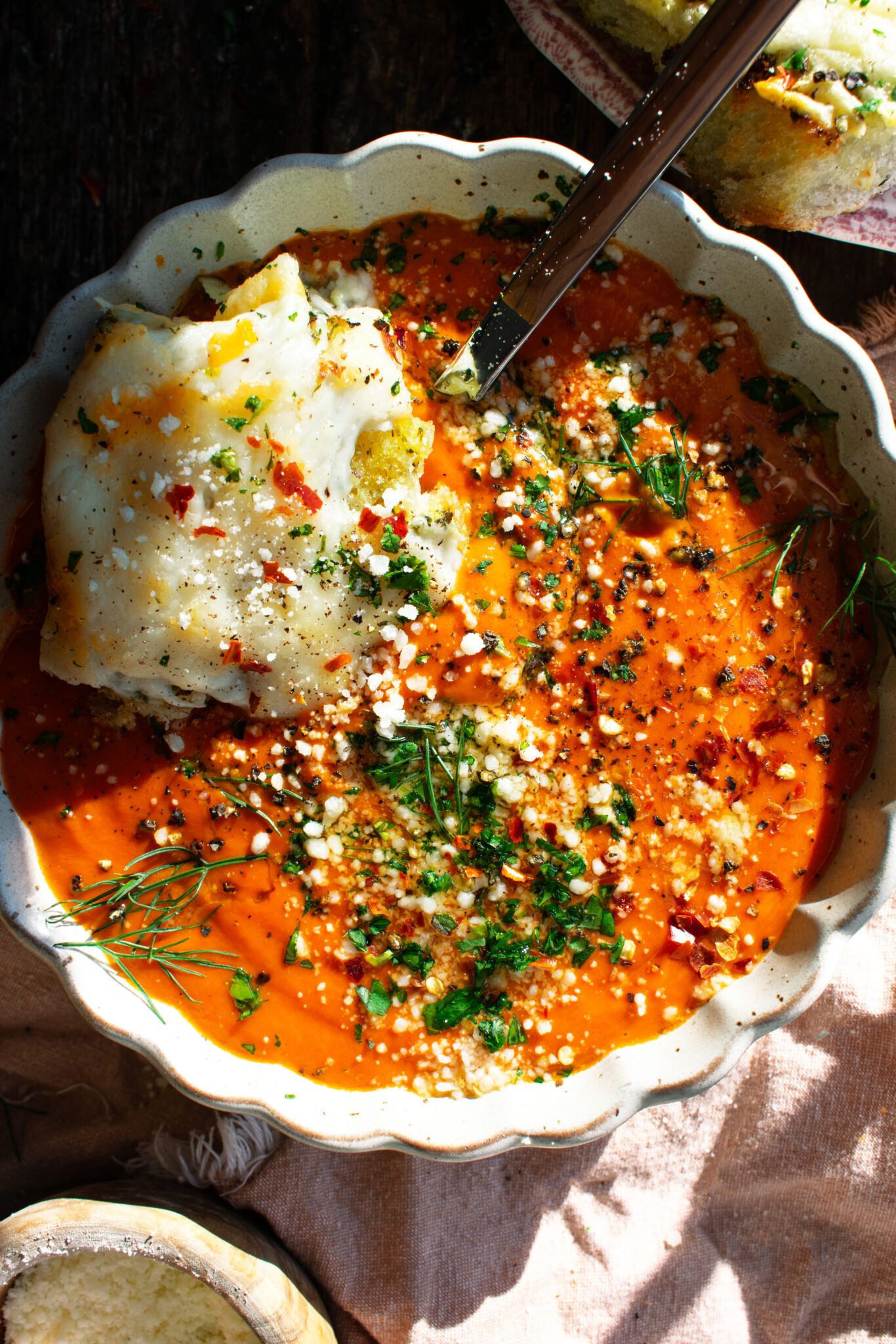 Spicy Tomato Soup with Garlic Cheese Bread