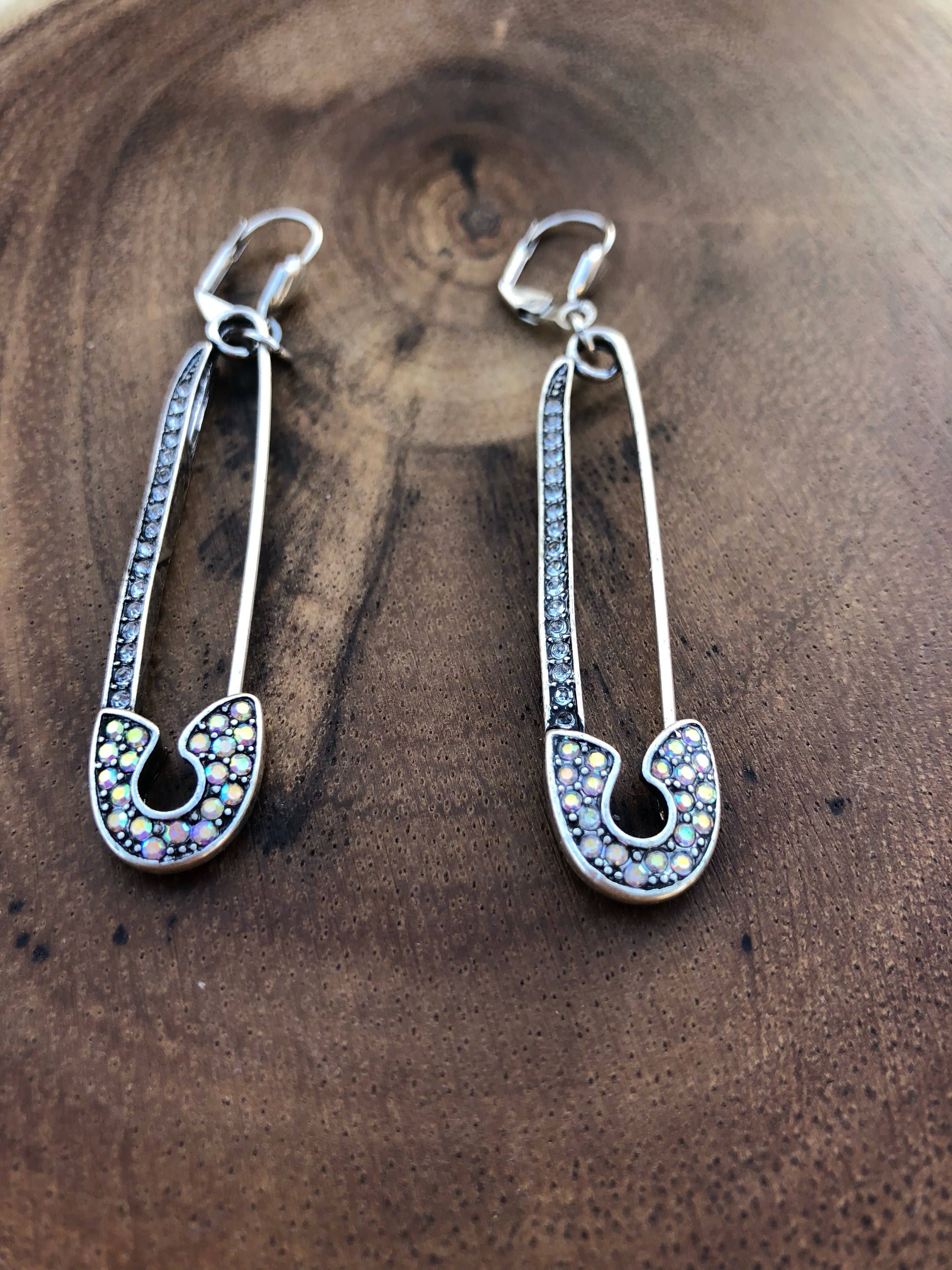 Safety Pin Earrings Statement Sparkly Silver Safety Pin Earrings Statement Sparkly Silver