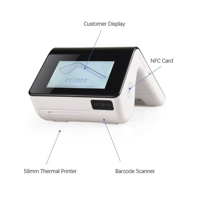 Android Smart POS Terminal Woth Barcode Scanner and Thermal Printer Type : Hand Held. Payment Method : Mobile Payment. Card Type : NFC & IC Card & Magnetic Card. Touch Screen : Touch Screen. Printer : Thermal. Certification : CE, FCC, EMV. Function Type : POS for Transfering, POS for Consuming. Network Management : Support Network Management. CPU : Quad Core A53. System : Android. Bluetooth : Yes. OS : Android. USB : Micro USB. Memory : 1g+8g. Battery : 4.7V 3900mAh. Contact Card Reader : EMV & Emv, Contact Card, Screen Printer, Magnetic Card, Thermal Printer, Barcode Scanner, Mobile Payments, Printer Types, Cash Register