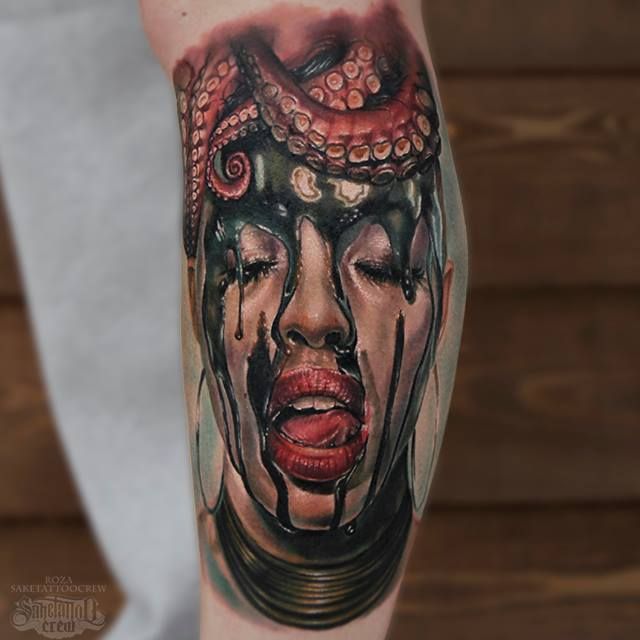 realistic color leg tattoo from roza realism realistic color