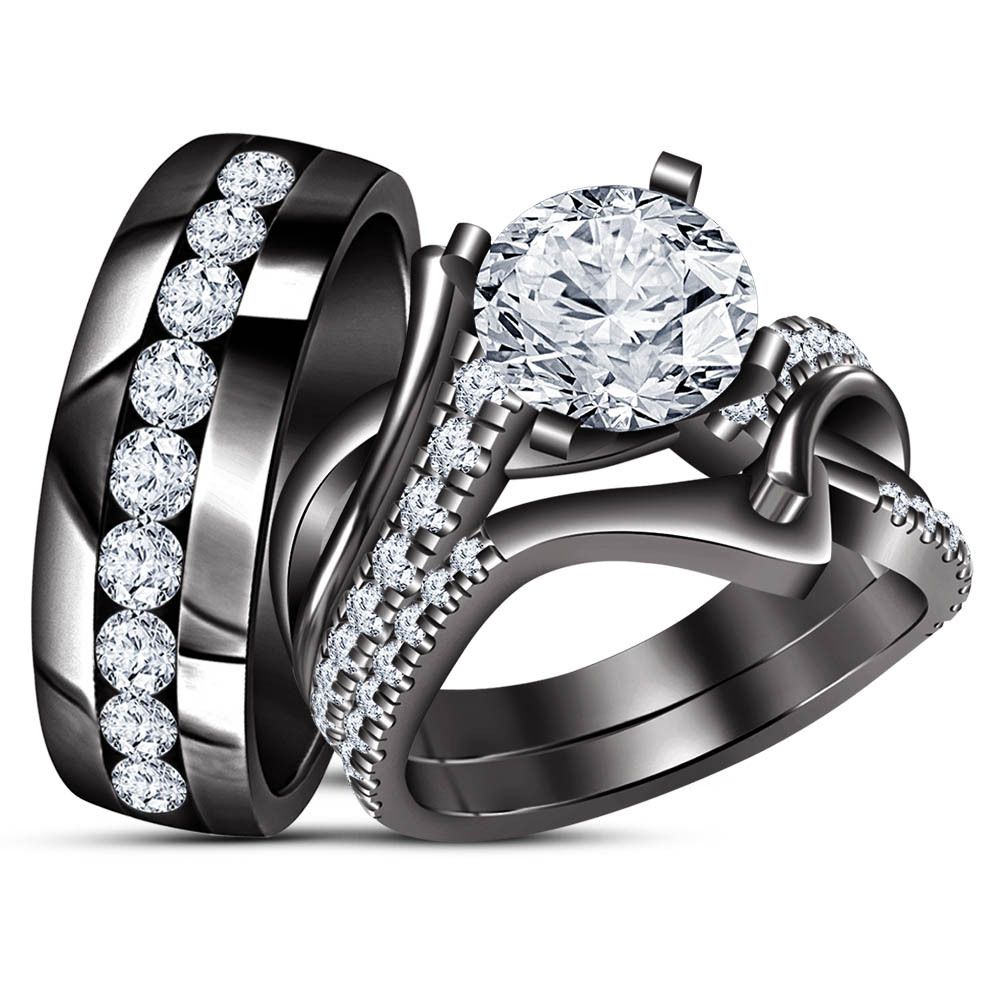 Diamond Engagement Ring Wedding Band Trio Set Black Gold