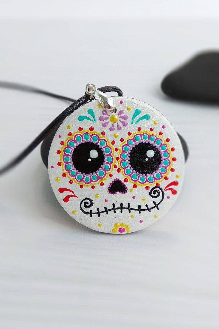 Cute Sugar Skull Necklase Hand Painted Wooden Pendant | Etsy