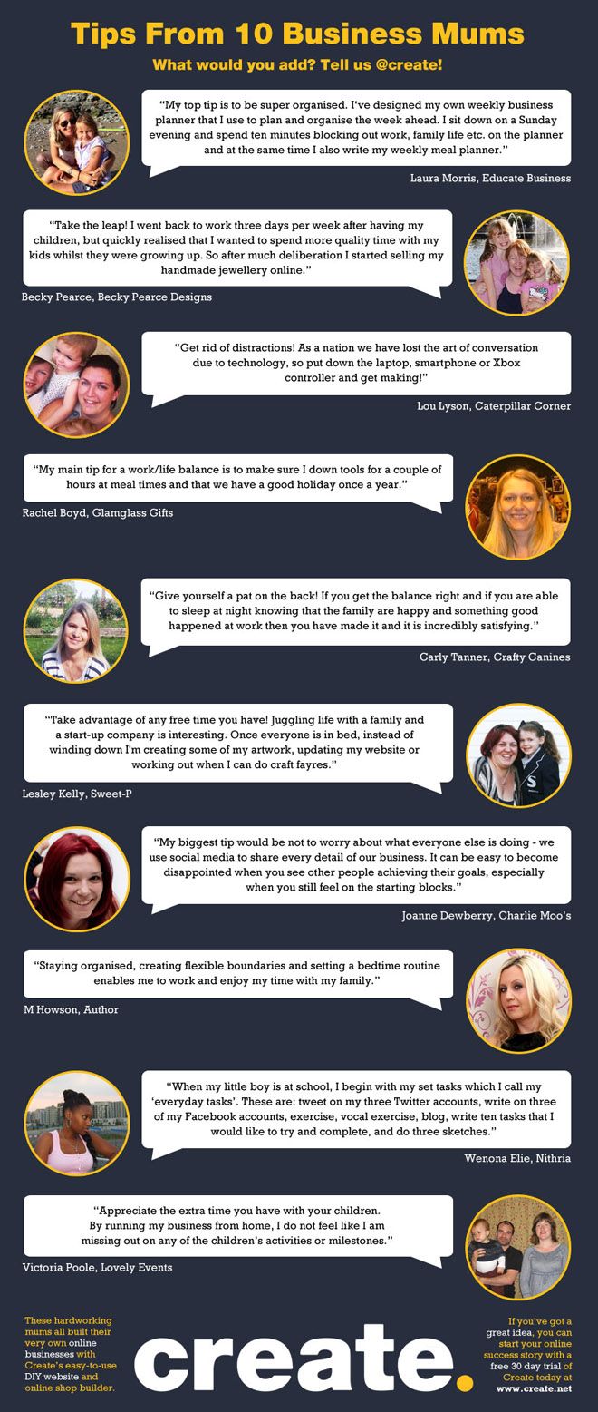 10 Top Tips From Business Mums Infographic Create Net Blog Party Planning Business Business Planner Work Family