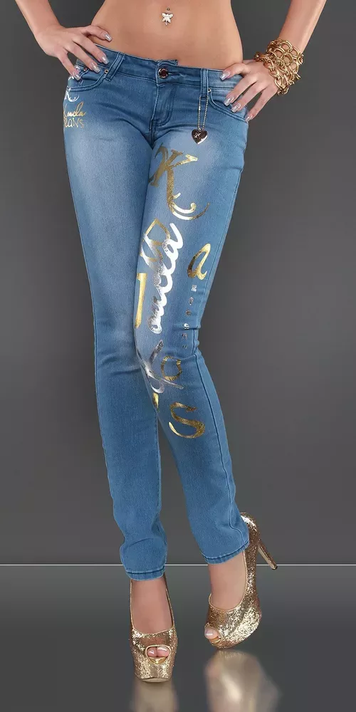 Moderní dámské modré kalhoty s potiskem zlaté barvy. Skinny Jeans, Trendy, Pants, Fashion, Trouser Pants, Moda, Fashion Styles, Women's Pants, Women Pants