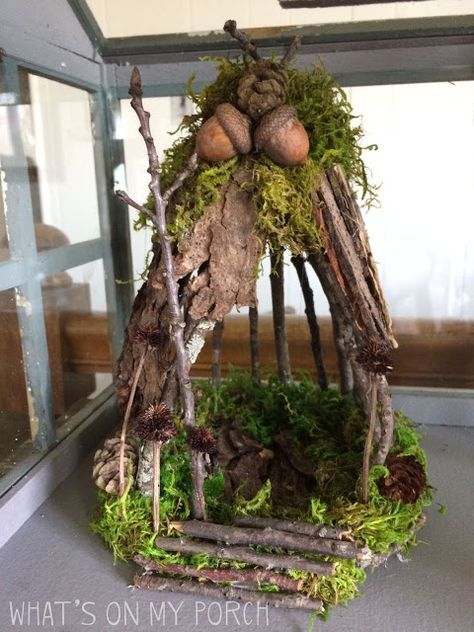 Fairy house with twigs, acorns, moss in 2020 | Fairy garden crafts ...