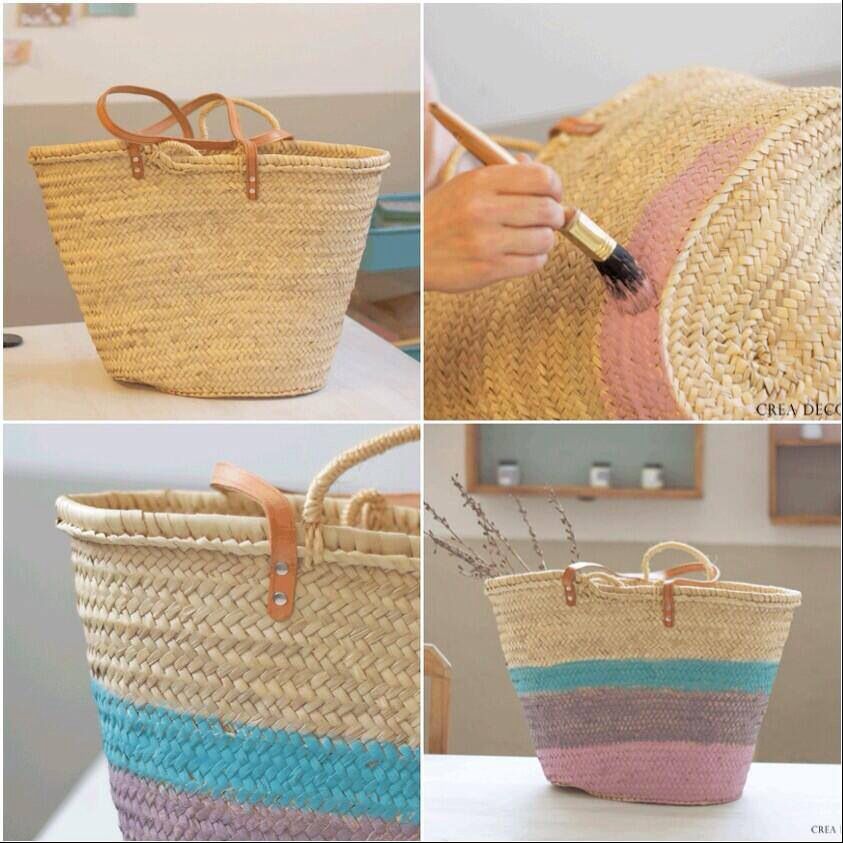 Capazos pintados a mano Basket Weaving Diy, Diy Basket, Basket Bag, Diy Beach Bag, Straw Beach Bag, Beach Bags, Diy Clutch, Diy Tote Bag, Ibiza