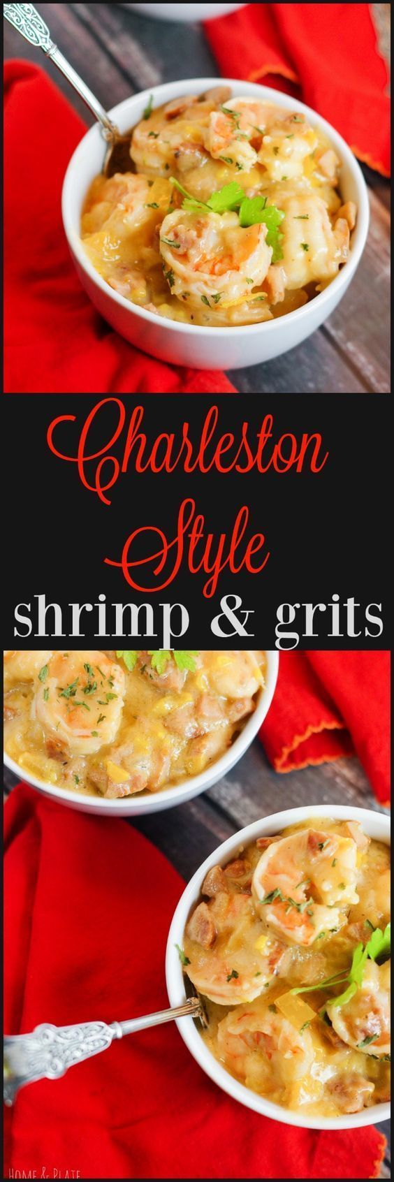 Charleston Style Shrimp & Grits | www.homeandplate.com | The shrimp is pink and tender, the course grits are creamy and cheesy and the heat from the andouille sausage will warm your belly. #seafoodrecipes #charlestoncheesedips