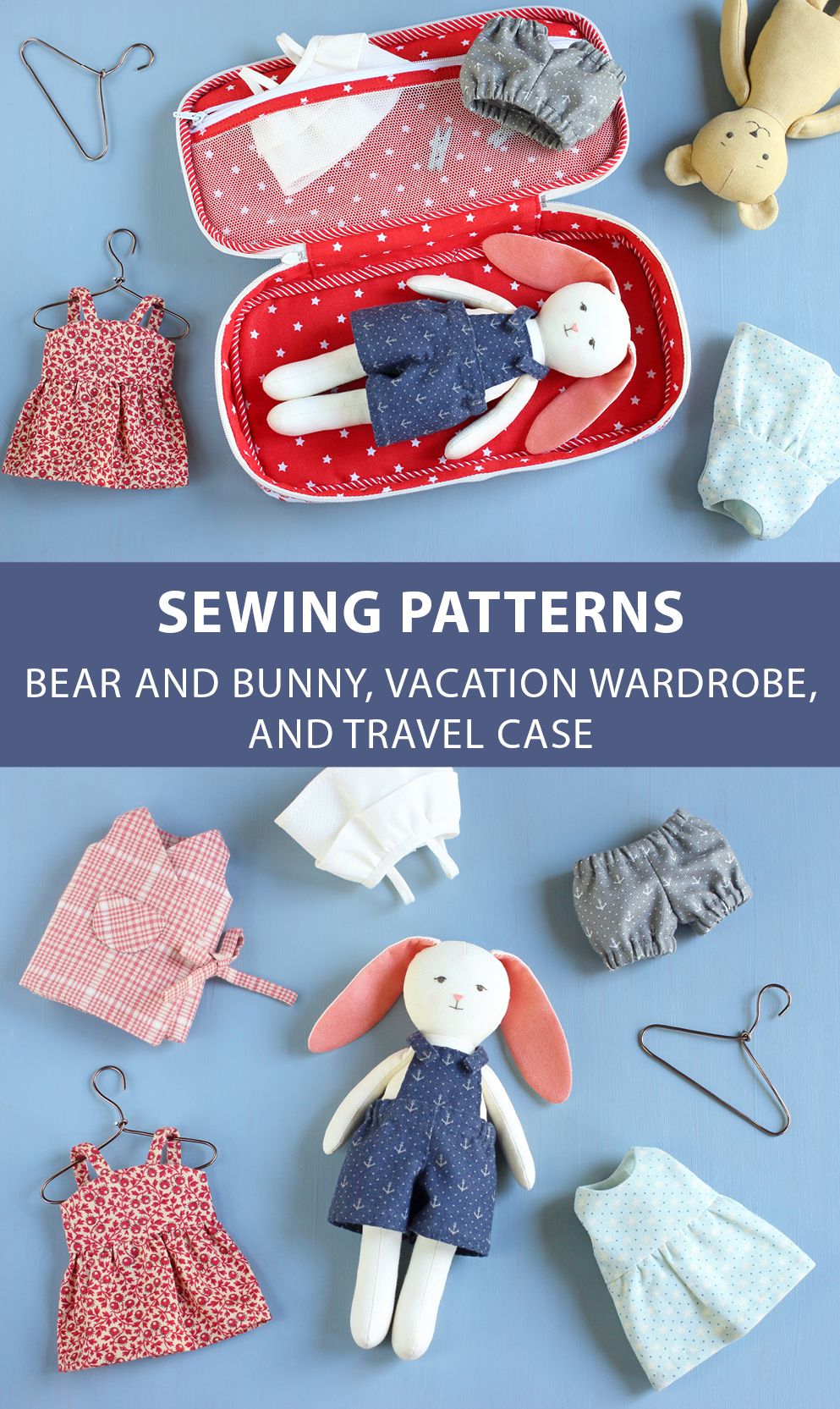 Sewing pattern for a bunny doll. Patterns for the wardrobe and travel case are also available. #etsy #etsyfinds #pattern #sewingpattern #pdfpattern #sew #sewing #sewingproject #diy #doll #bunny #traveltoy #dolls #animaldoll #travelcase #travel #instructionstodollpatterns