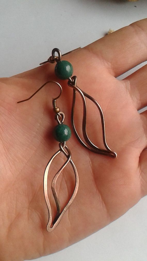 Copper Wire Leaf Earrings With Natural Jade Stone By Tangledworld Copper Wire Leaf Earrings With Natural Jade Stone By Tangledworld
