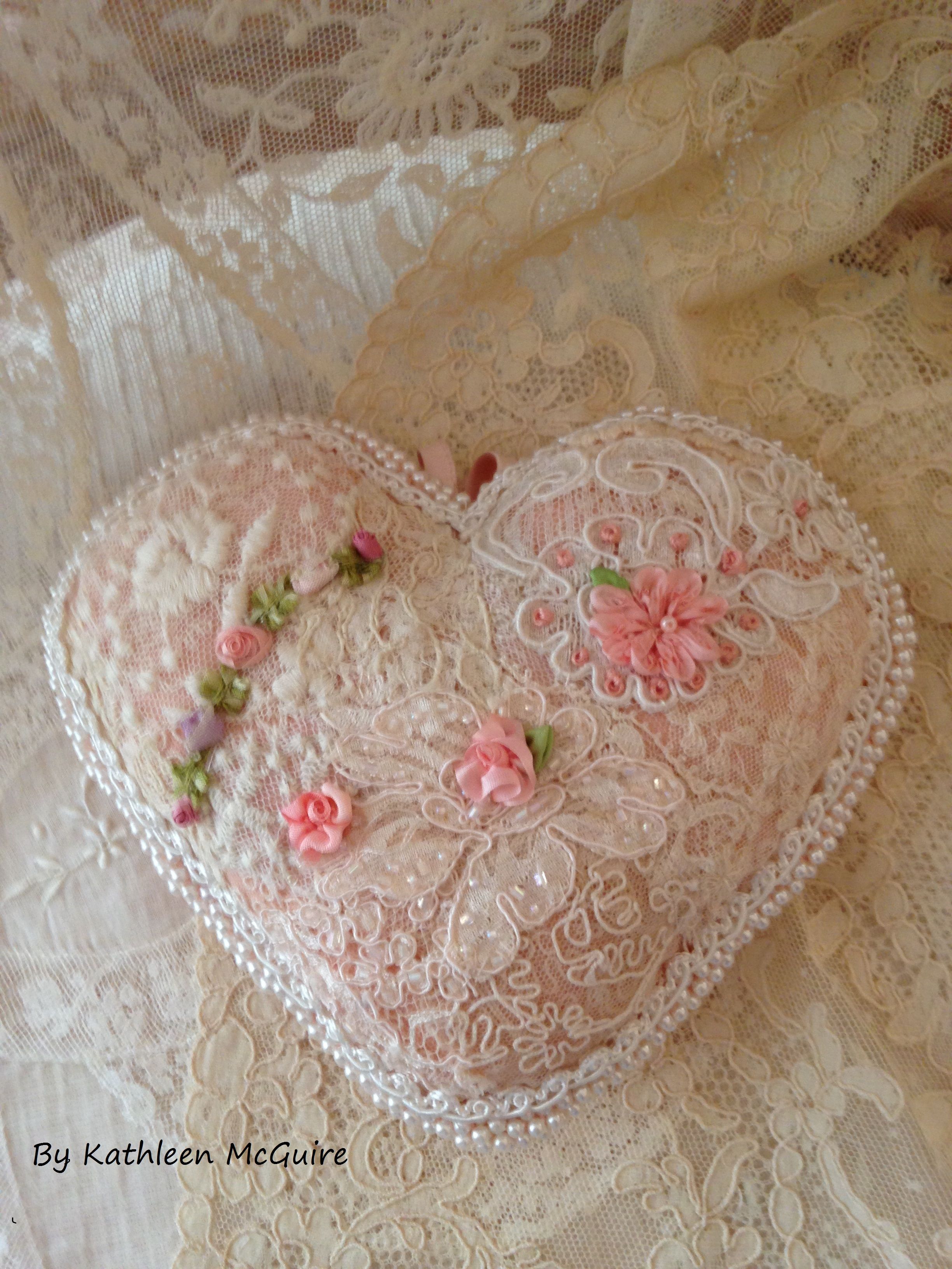 Mixed lace heart with ribbon accents | Fabric hearts, Shabby chic