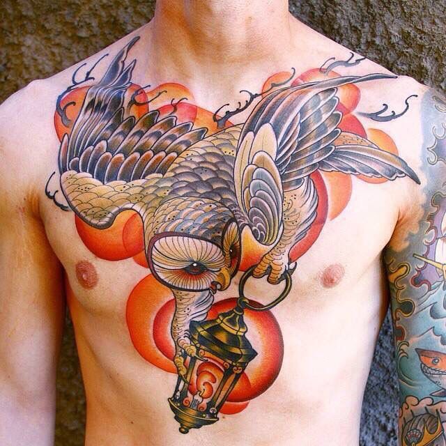 Amazing Owl Chest Tattoo By Haydn Higham Owl Tattoo Chest Art Tattoo Body Art Tattoos