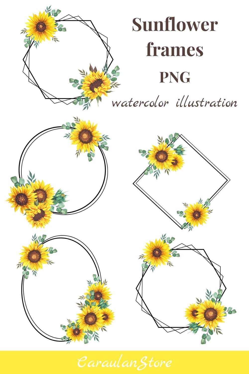 Geometric Sunflower Floral Frames Rustic frames clipart Yellow floral Sunflower digital frame PNG Floral Wedding frames Sunflower art