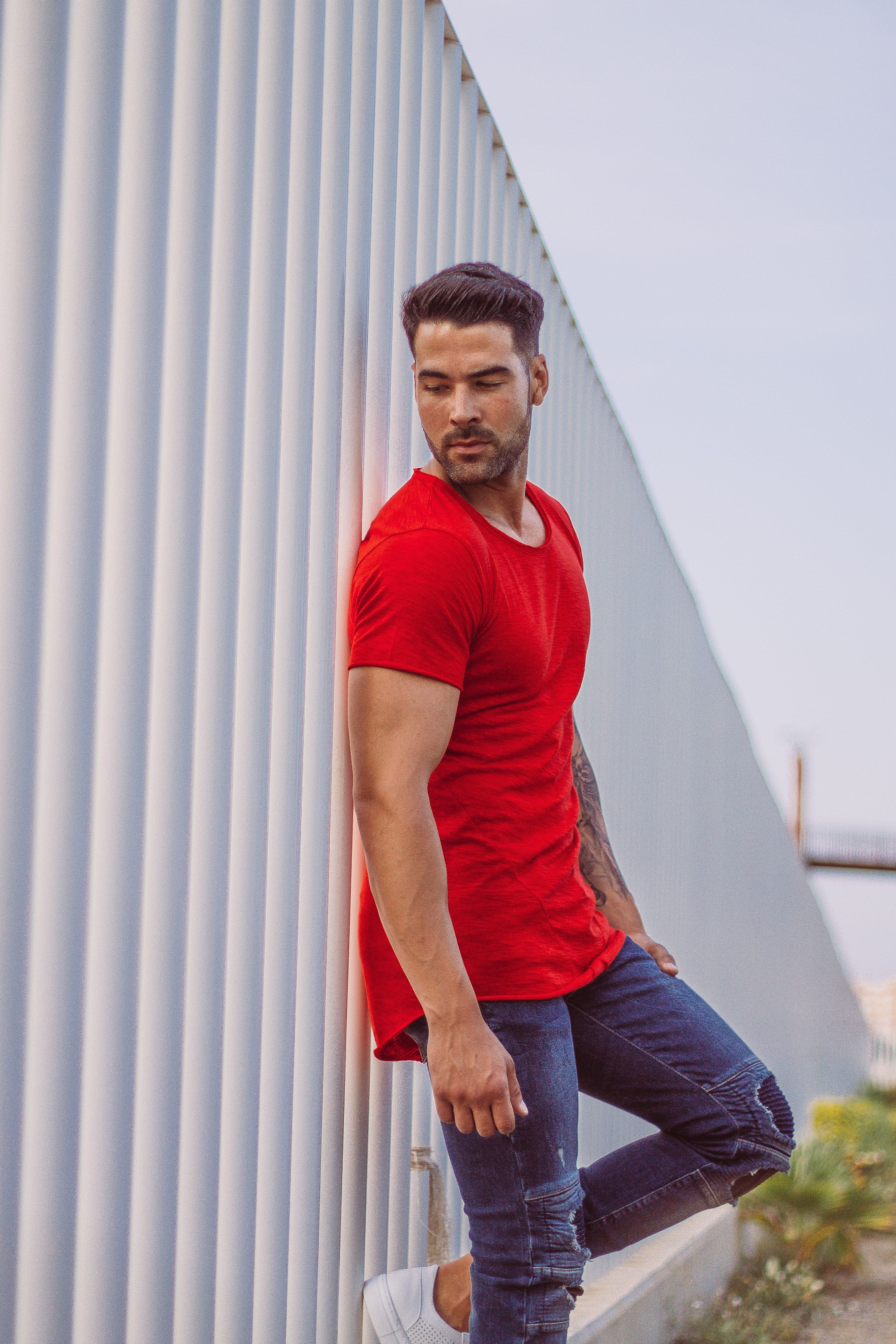 Color statement: trend color red combined to blue jeans and Color statement: trend color red combined to blue jeans and