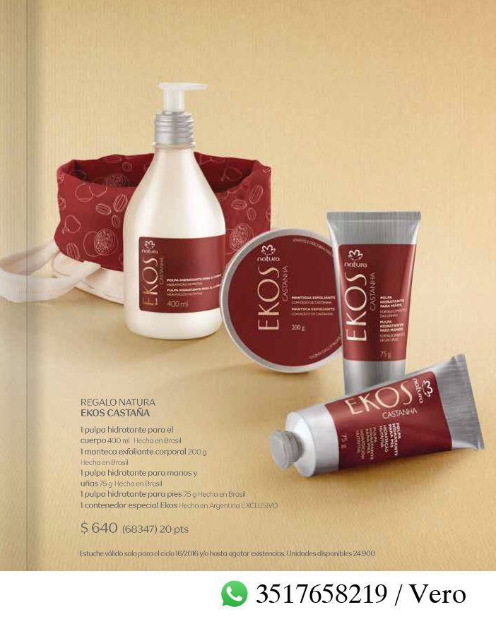 En éstas fiestas regalá Natura!! Kit Natura Ekos Castaña Contiene: 1 Crema hidratante corporal 400ml 1 Manteca exfoliante corporal 200g 1 Pulpa hidratante para manos y uñas 75g 1 Pulpa hidratante para pies 75g 1 Contenedor especial Ekos exclusivo! Precio: $640 Tarjeta: $699 Realizamos envíos a domicilio dependiendo de la zona en la que estés y también entregamos pedidos en el Patio Olmos Shopping. Podés abonar tus pedidos en efectivo o con tarjetas de crédito y débito. Consultá los distintos planes de pago según tu tarjeta! Comunicate con nosotros vía whatsapp o SMS al 3517658219 Sparkling Ice Bottle, Shampoo, Soap, Personal Care, Drinks, Beauty, Body Hydrating Cream, Butter, Hands