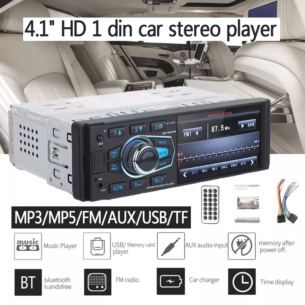 4.1/" HD Single 1DIN Car Stereo Video MP5 Player Bluetooth FM Radio AUX USB SD TF