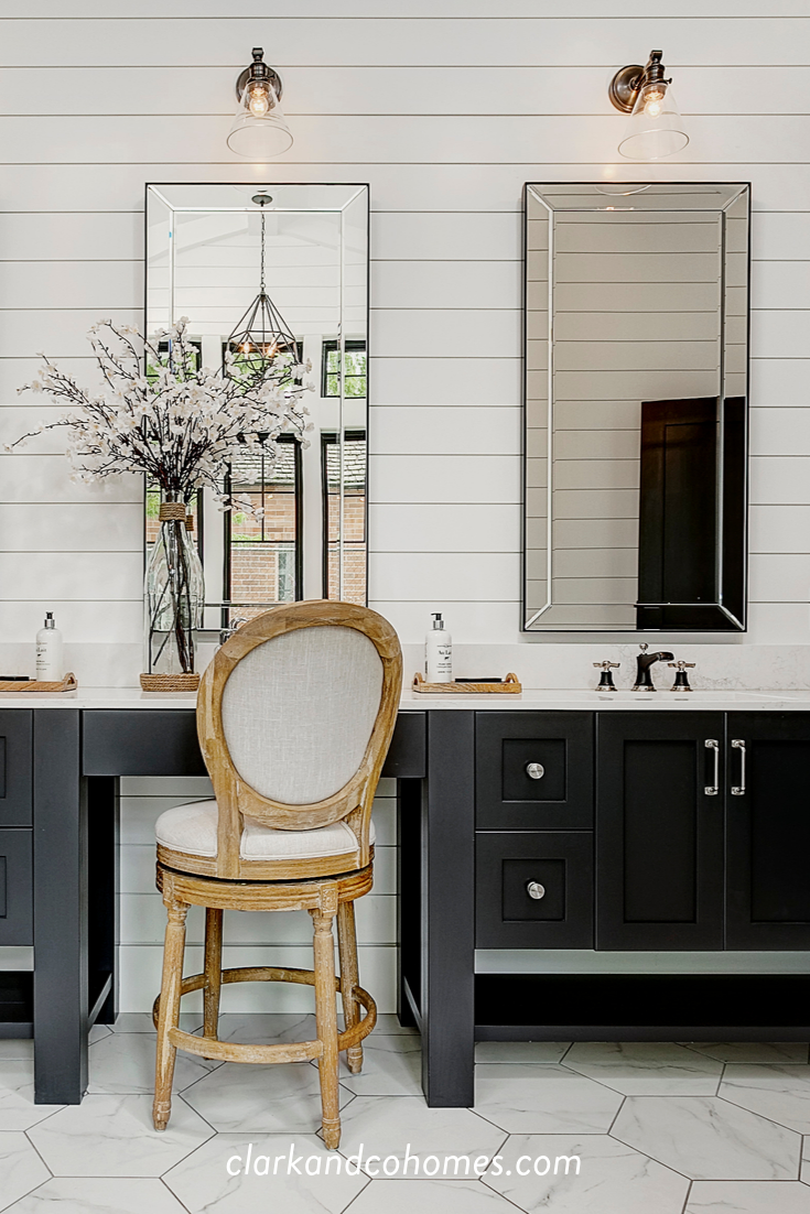 shiplap walls tile floors and furniture style cabinets combine together in this glamorous mod modern farmhouse bathroom ship lap walls modern farmhouse style farmhouse glam bathroom on shiplap walls tile floors and furniture style cabinets combine together in this glamorous mod modern farmhouse bathroom ship lap walls modern farmhouse style pinterest