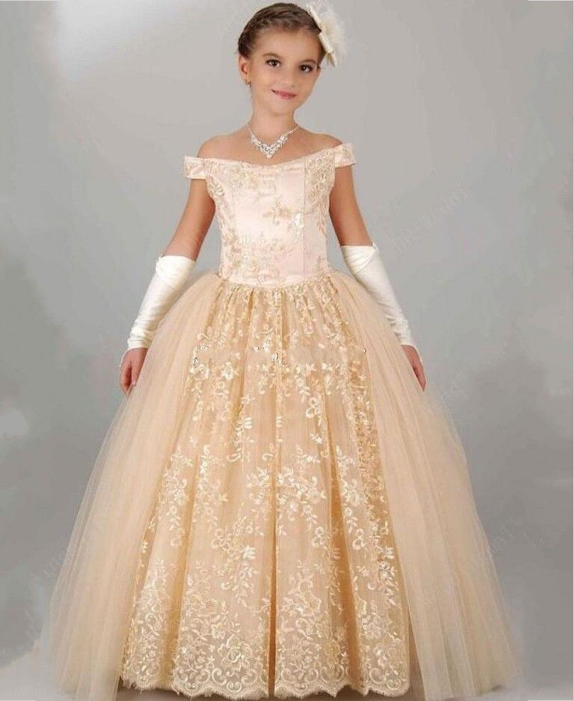Off the Shoulder Champagne Flower Sleeve Embroidery Girls Formal Birthday Dress