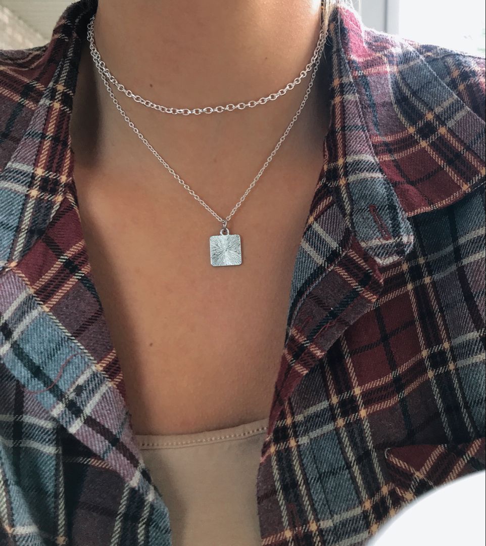 Double Layered necklace set-Square plate necklace-Set of 2 chains-Square Medallion tile-Dainty Everyday geometric Multi strand set