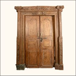 Elizabethan Hand Carved Solid Teak Double Doors Casing Frame Elizabethan Hand Carved Solid Teak Double Doors