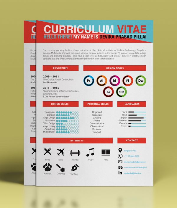 Another colorful resume designe by Devika Pillai, via Behance For