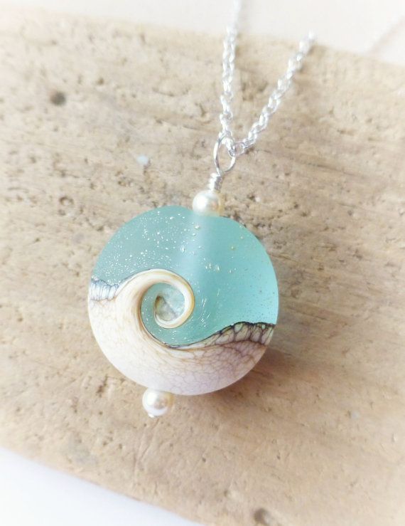 Small Beach Necklace Lampwork Sea Glass Wave Necklace Beach