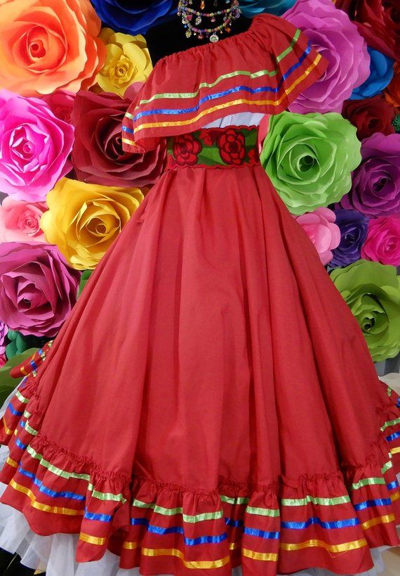Mexican red dress with top Handmade- Beautiful- Frida Kahlo style- womans mexican boho coco theme party day of the dead costume Mexican Theme Dresses, Mexican Fancy Dress, Mexican Quinceanera Dresses, Traditional Mexican Dress, Mexican Boho, Mexican Embroidered Dress, Mexican Fashion, Mexican Outfit, Traditional Dresses