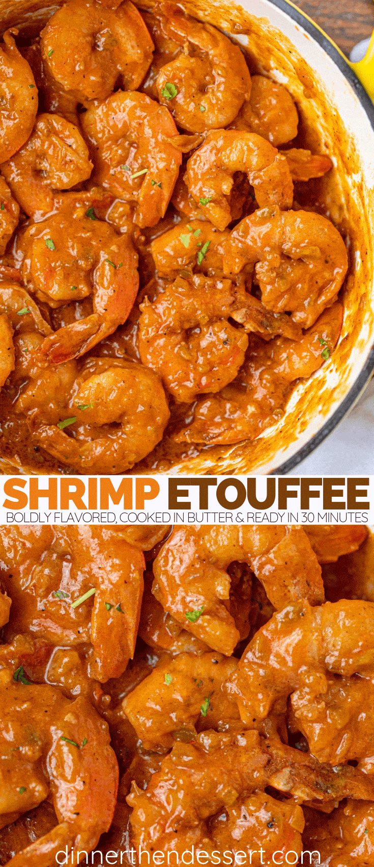 Shrimp Étouffée is a Cajun dish loaded with bold flavors, cooked in butter and the holy trinity vegetables over rice that's ready in just 30 minutes! #shrimp #shrimpetouffee #friedshrimp #spicy #southernfood #comfortfood #dinnerthendessert #cajundishes