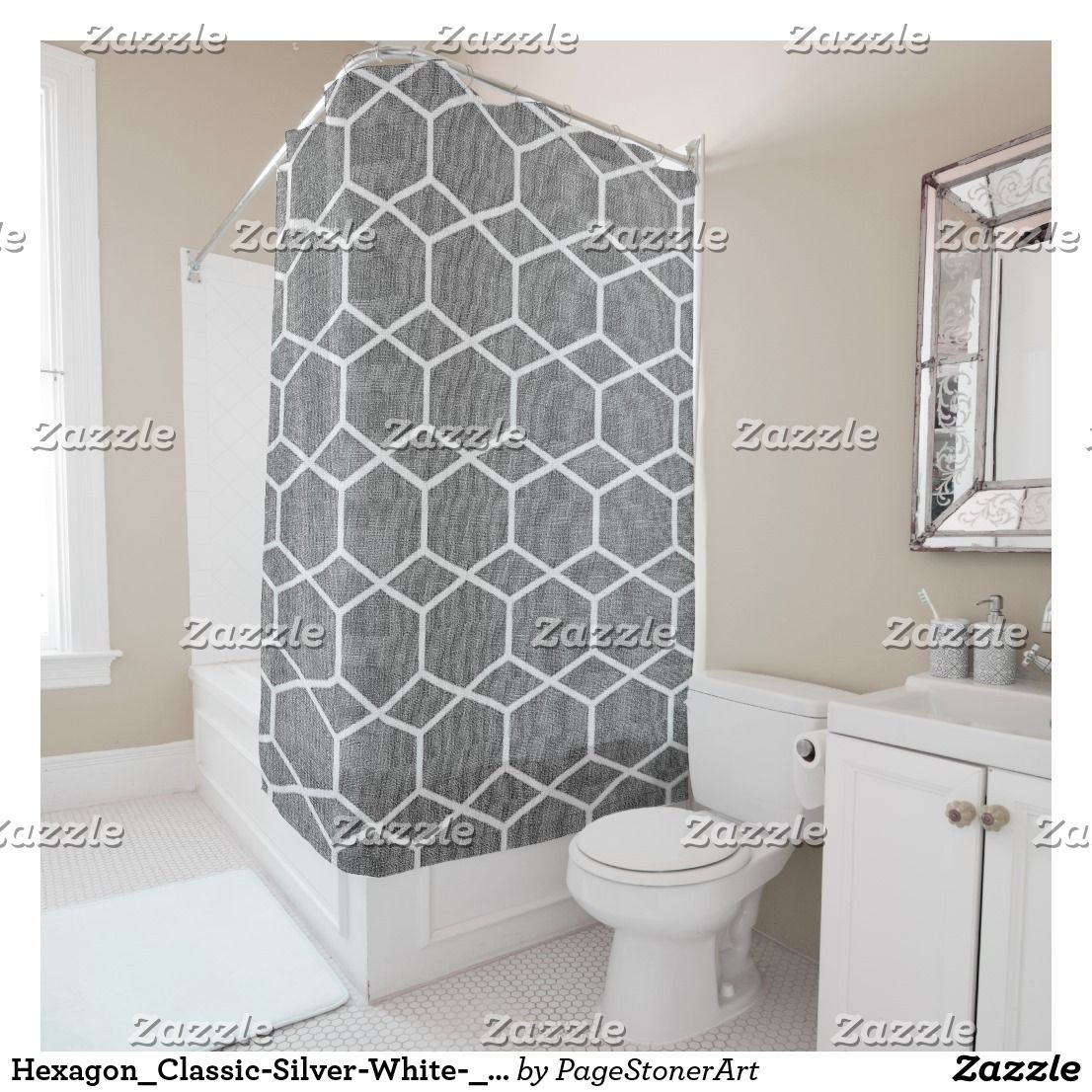 Hexagon_ClassicSilverWhite_Unisex Shower Curtain