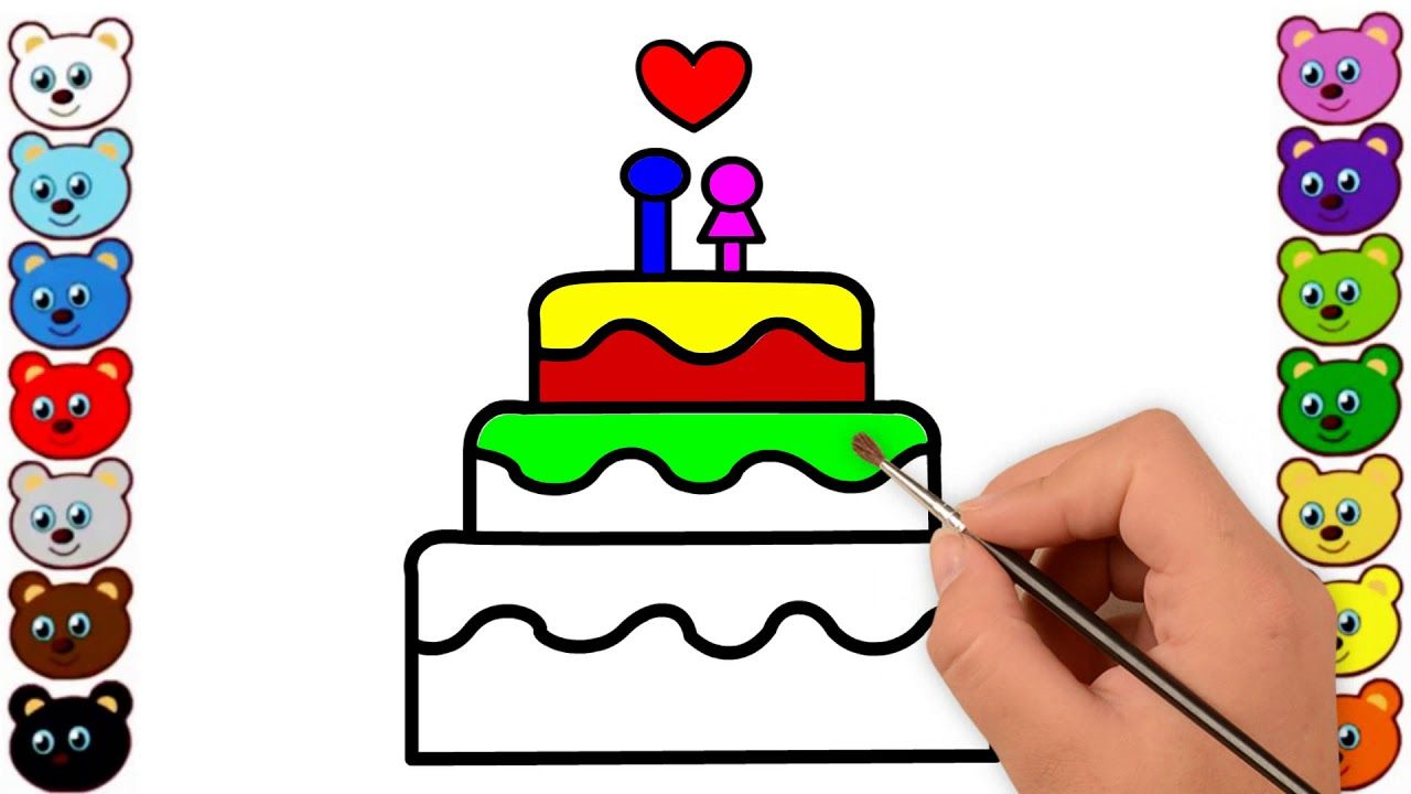 Birthday Cake Drawing And Coloring For Kids Children Learn Colors For Coloring For Kids Cake Drawing Learning To Draw For Kids