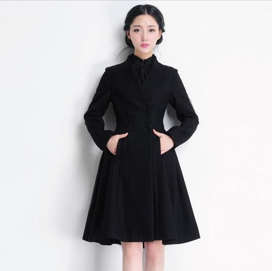 Double Ted Swing Women Long Black Coat Dress Wool Jacket Double Ted Swing Women Long Black Coat Dress Wool Jacket Winter Woolen Overcoat For Las Outerwear Wc037