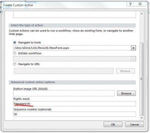 setting rights for custom actions using sharepoint designer 2010 in
