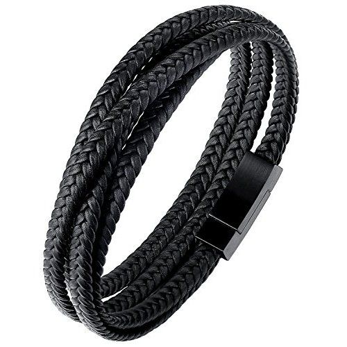 FIBO STEEL Stainless Steel Magnetic Clasp Braided Leather Bracelet for Men Cuff Bracelet 7.5-8.5 inches