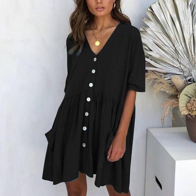 Women Short Dress M~2XL Ladies Summer Casual Loose V-neck Half Sleeve Buttons Pocket Dress Beach Dresses Party