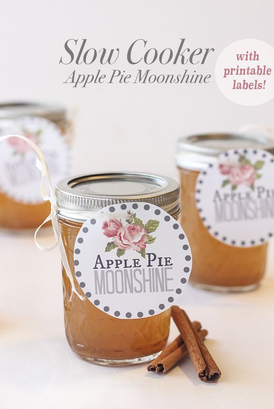Slow Cooker Apple Pie Moonshine. There are printable labels too, so you can jar this in mason ...