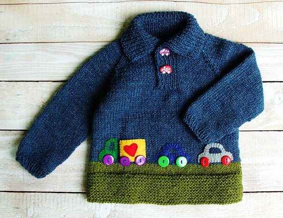 Hand Knitted Boys Clothes - Baby Boys Blue Sweater - Wool Blend Polo-necked Pullover with Felt Applique Cars Size 12 to 18 Months #babyboybirthday