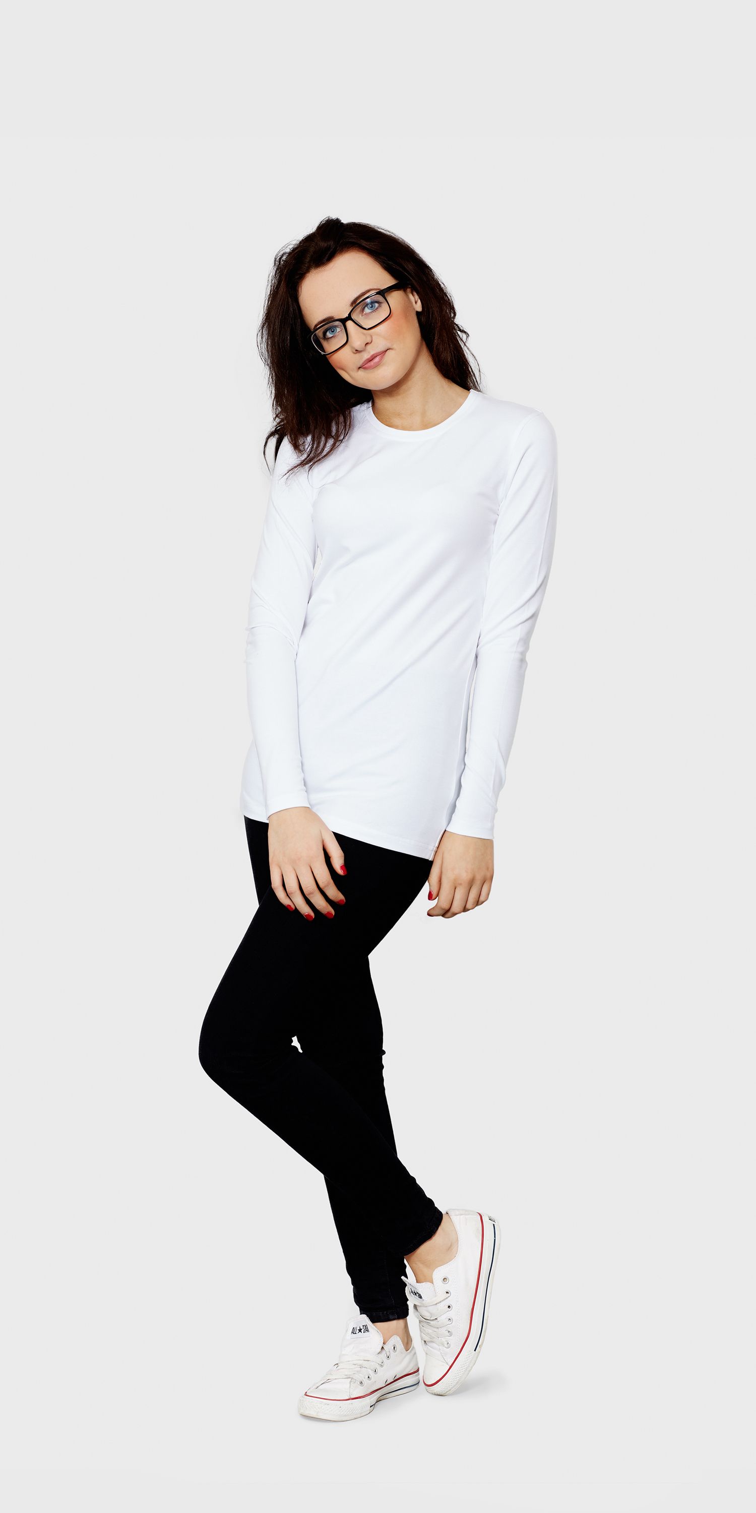 Download Women's white long sleeved round neck t-shirt | front view ...