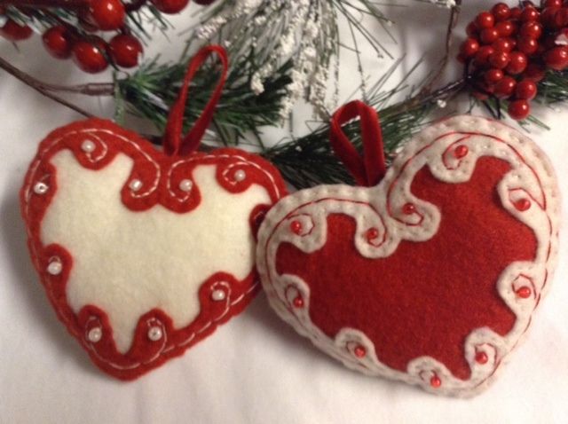 Felt heart ornament Red heart decoration Beaded Christmas ornaments Beaded felt heart