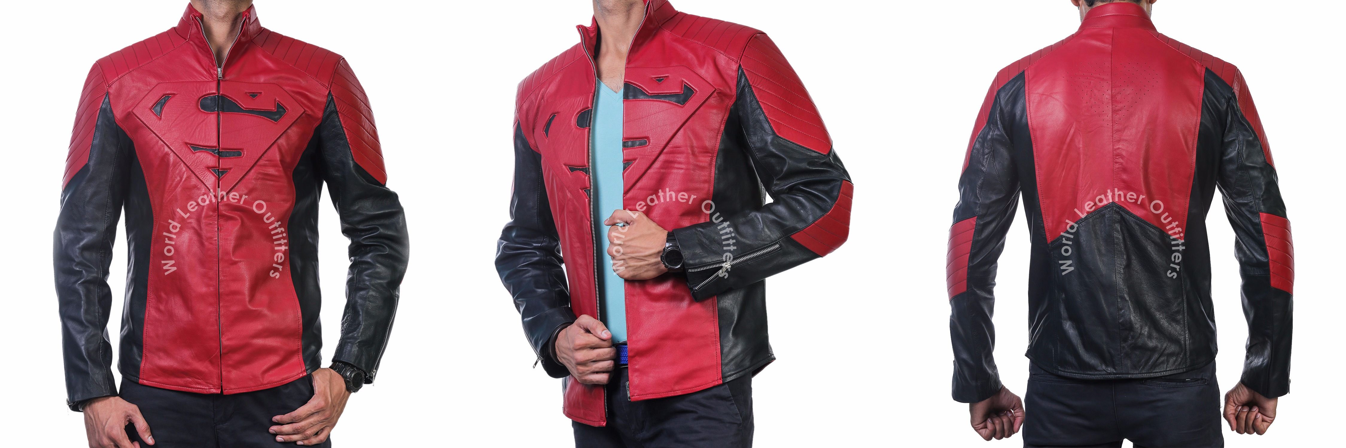 SUPERMAN MAN OF STEEL /& SMALLVILLE BLACK AND RED LEATHER SHIELD JACKET
